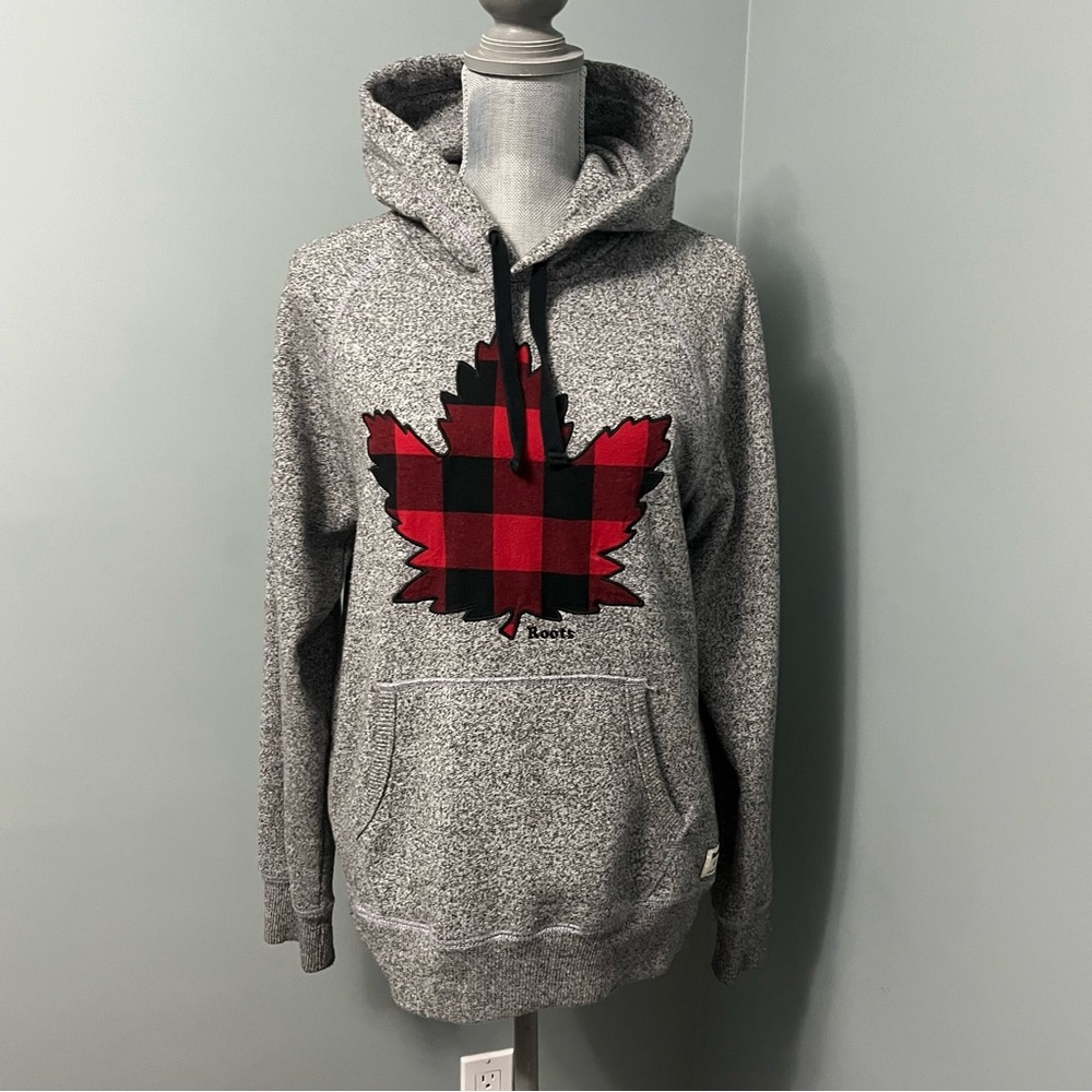 ROOTS men’s maple leaf pullover hoodie sweatshirt size XS grey red Buffalo plaid - Picture 3 of 14
